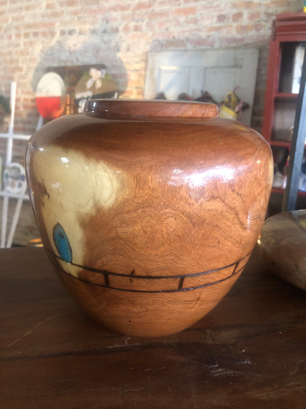 Mesquite pot with turquoise inlay