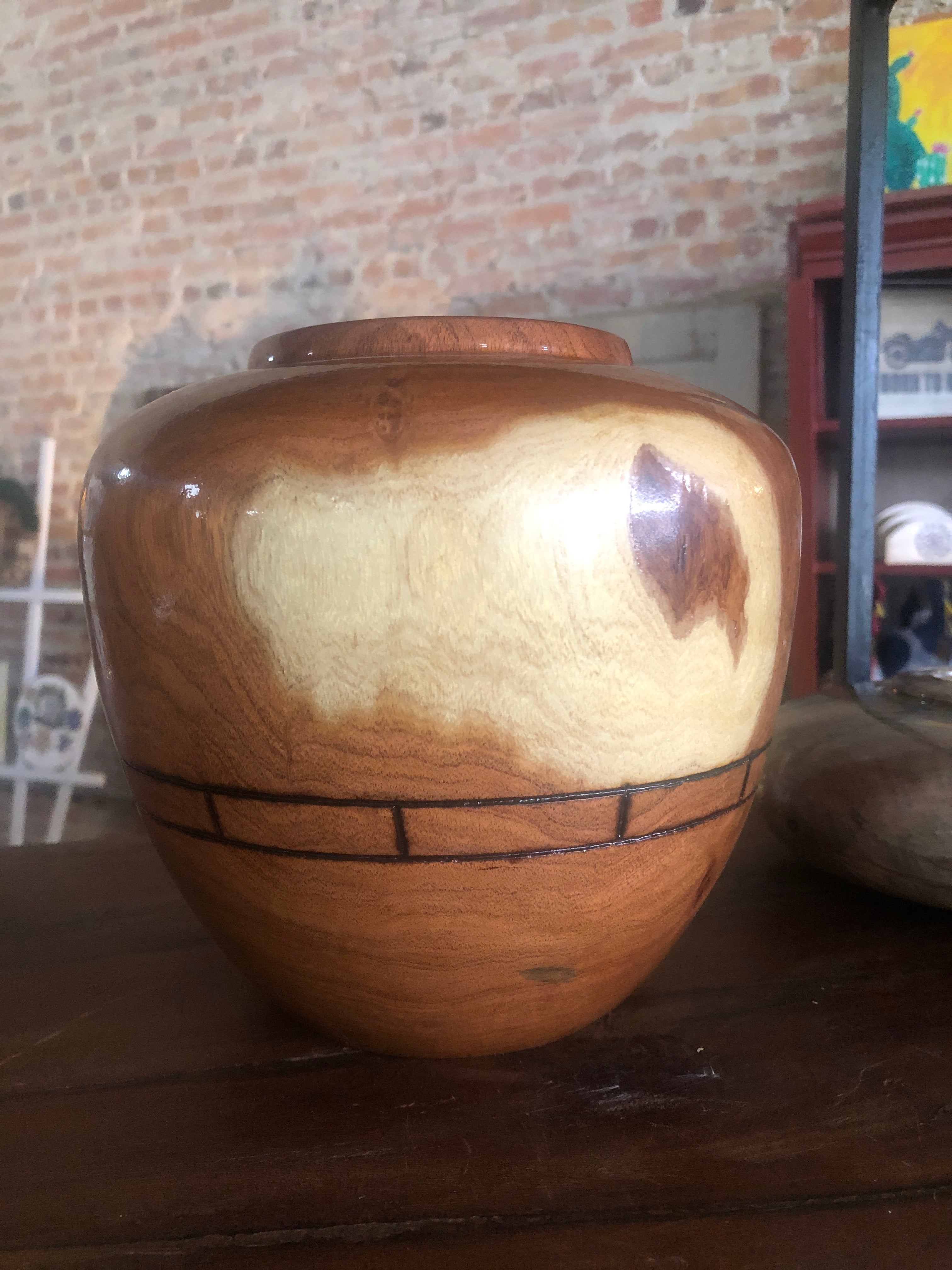Mesquite pot with turquoise inlay