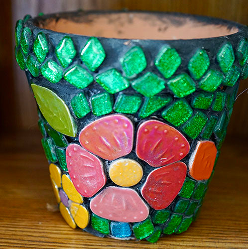 Mosaic Flower Pot- Black with Flowers