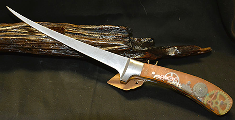 Filet Knife with Gold Steampunk handle