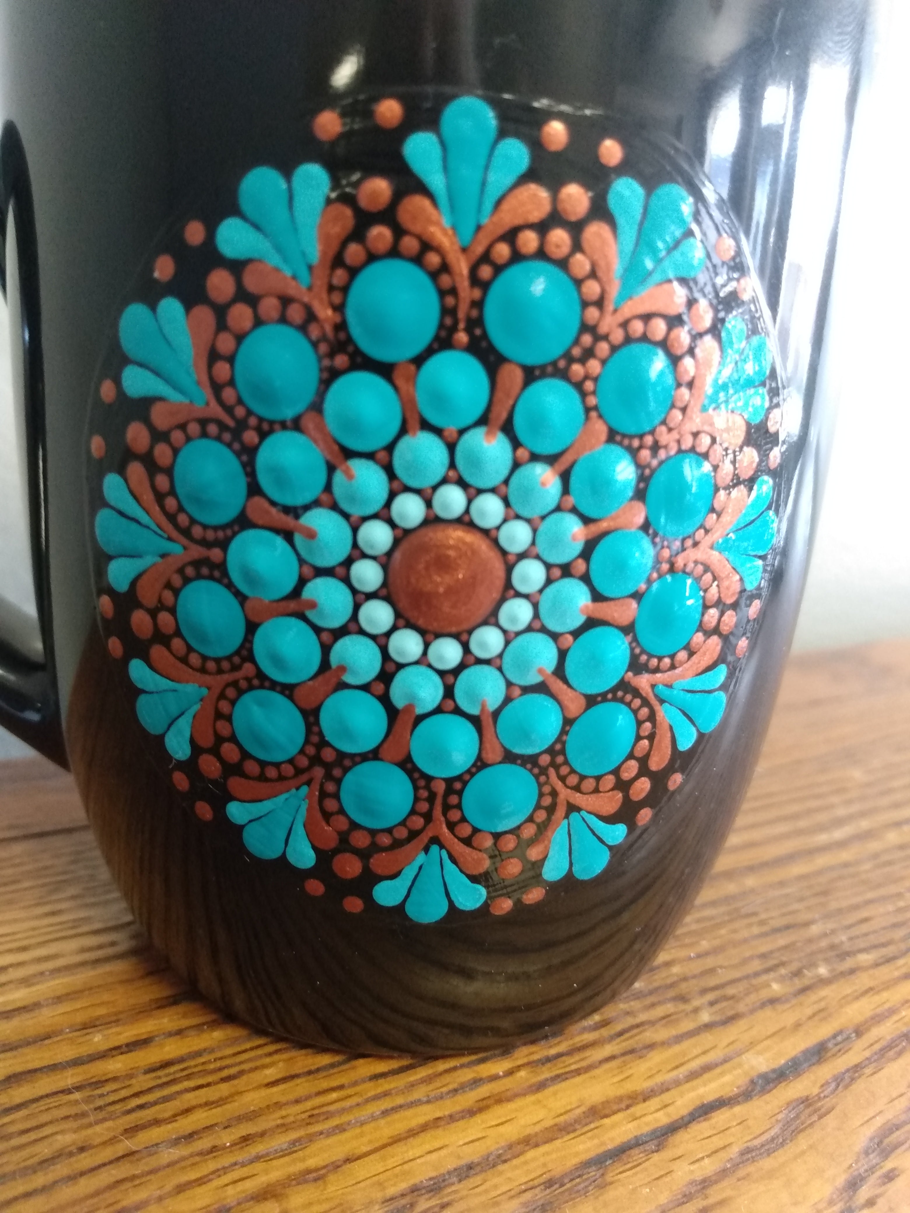 Mug - Black with teal and copper dot art mandala