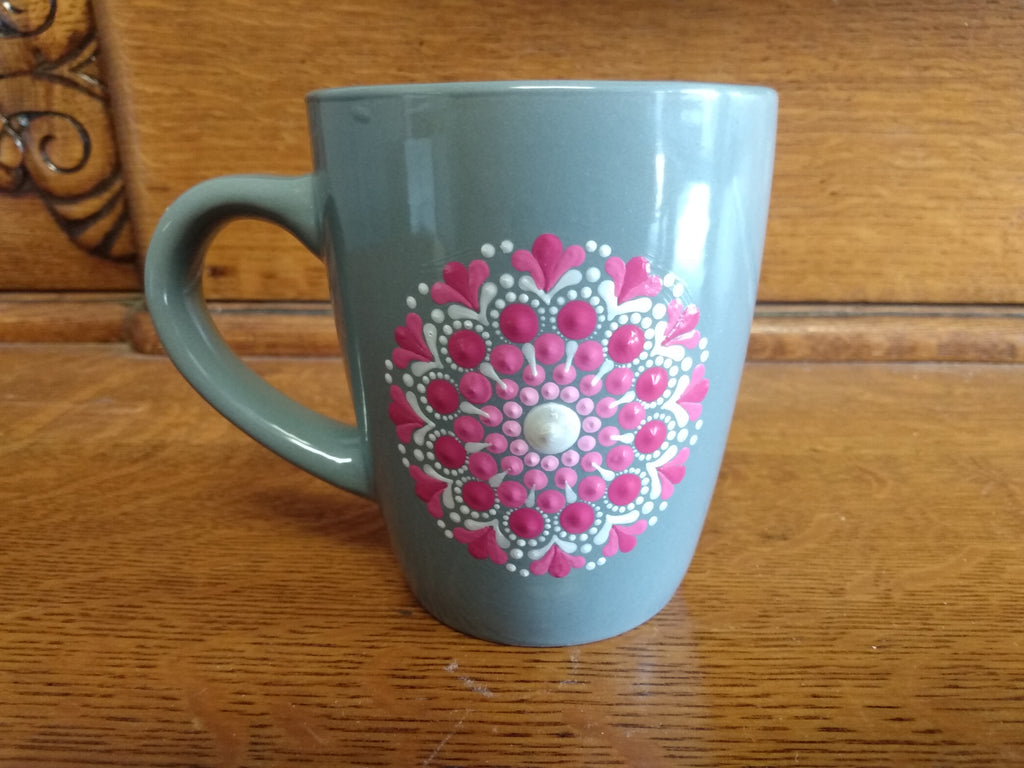 Mug - gray with pink and silver dot art mandala