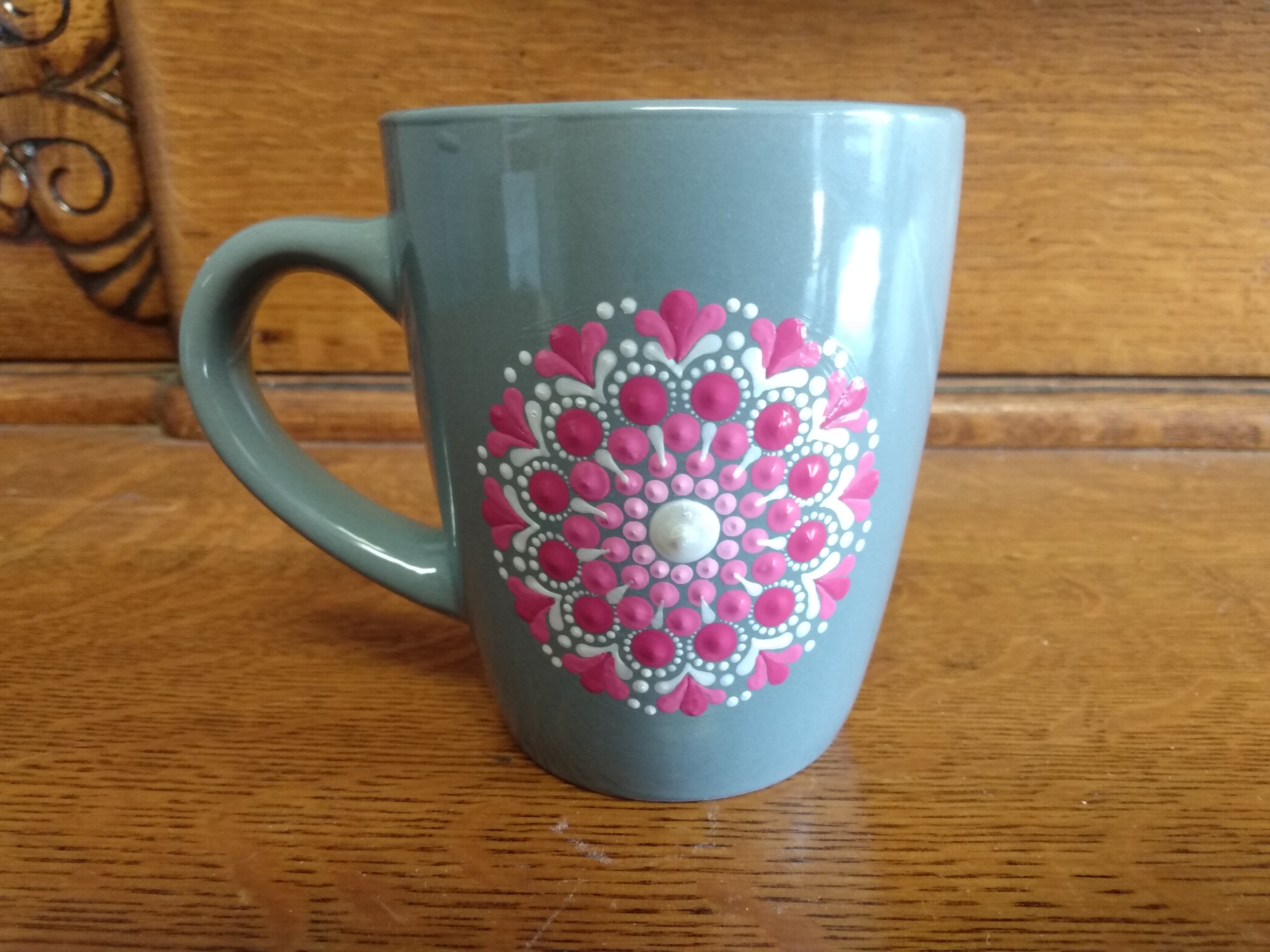Mug - gray with pink and silver dot art mandala