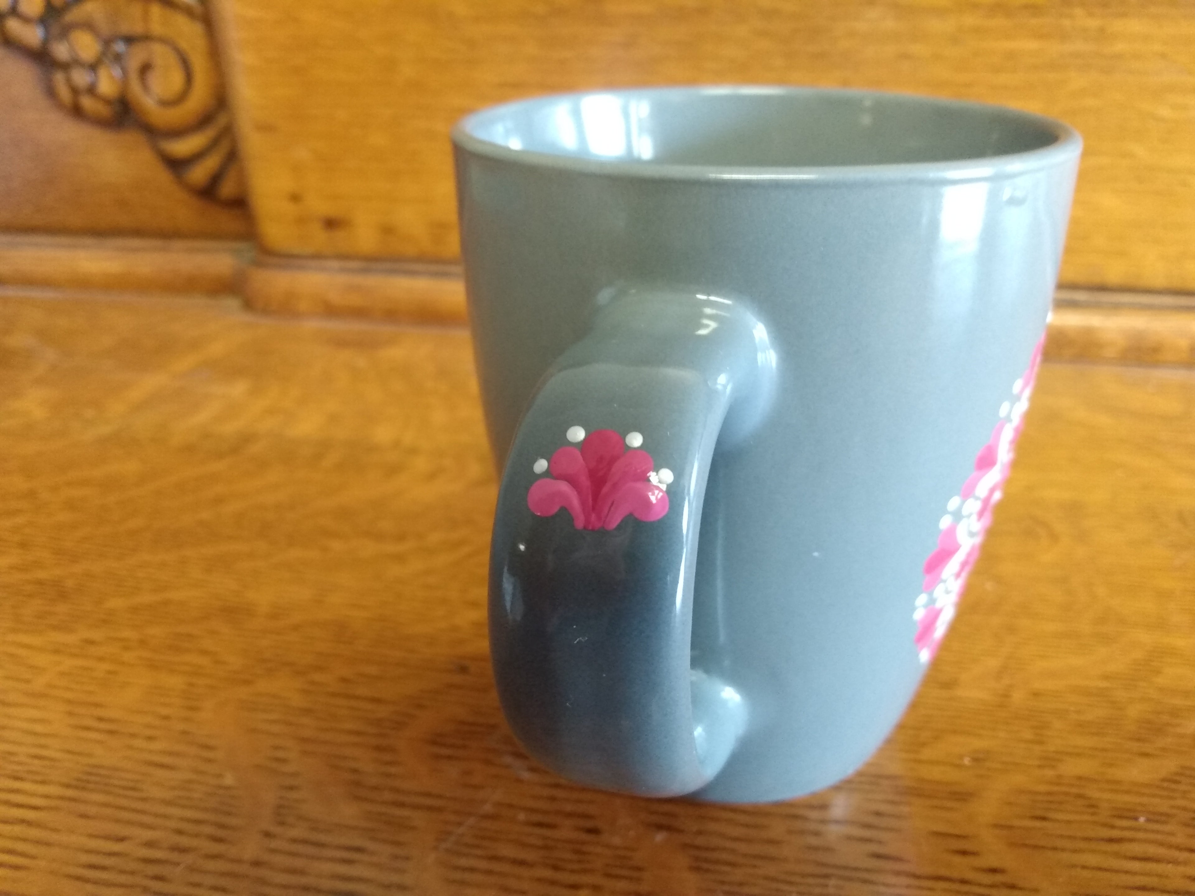 Mug - gray with pink and silver dot art mandala