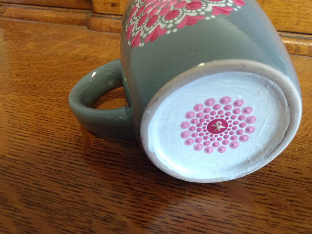 Mug - gray with pink and silver dot art mandala