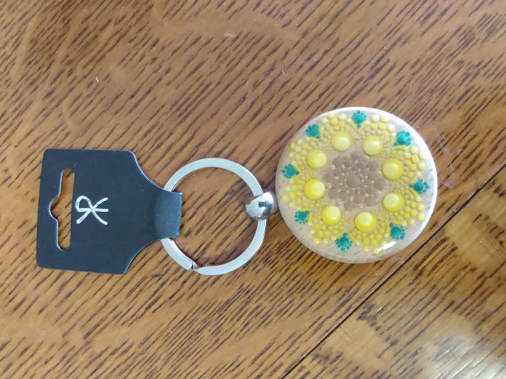 Keychain - Round wooden with sunflower mandala dot art