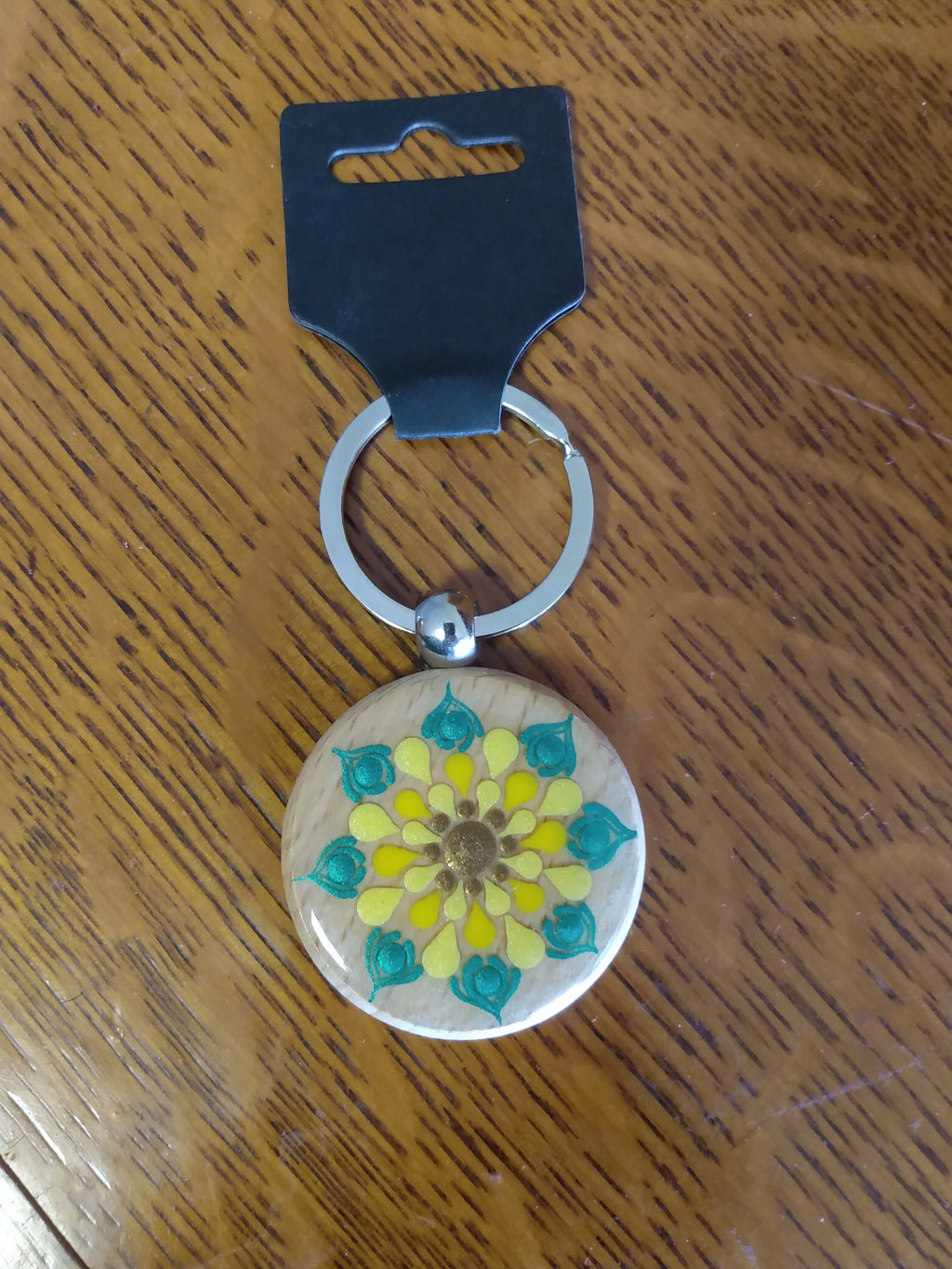 Keychain - Round wooden with sunflower mandala dot art