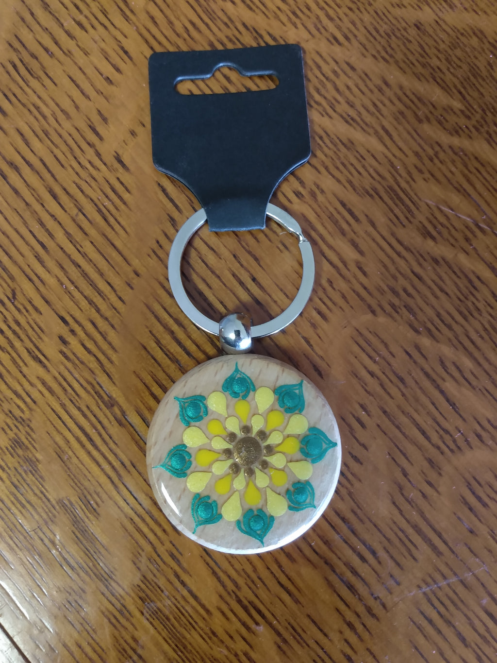Keychain - Round wooden with sunflower mandala dot art