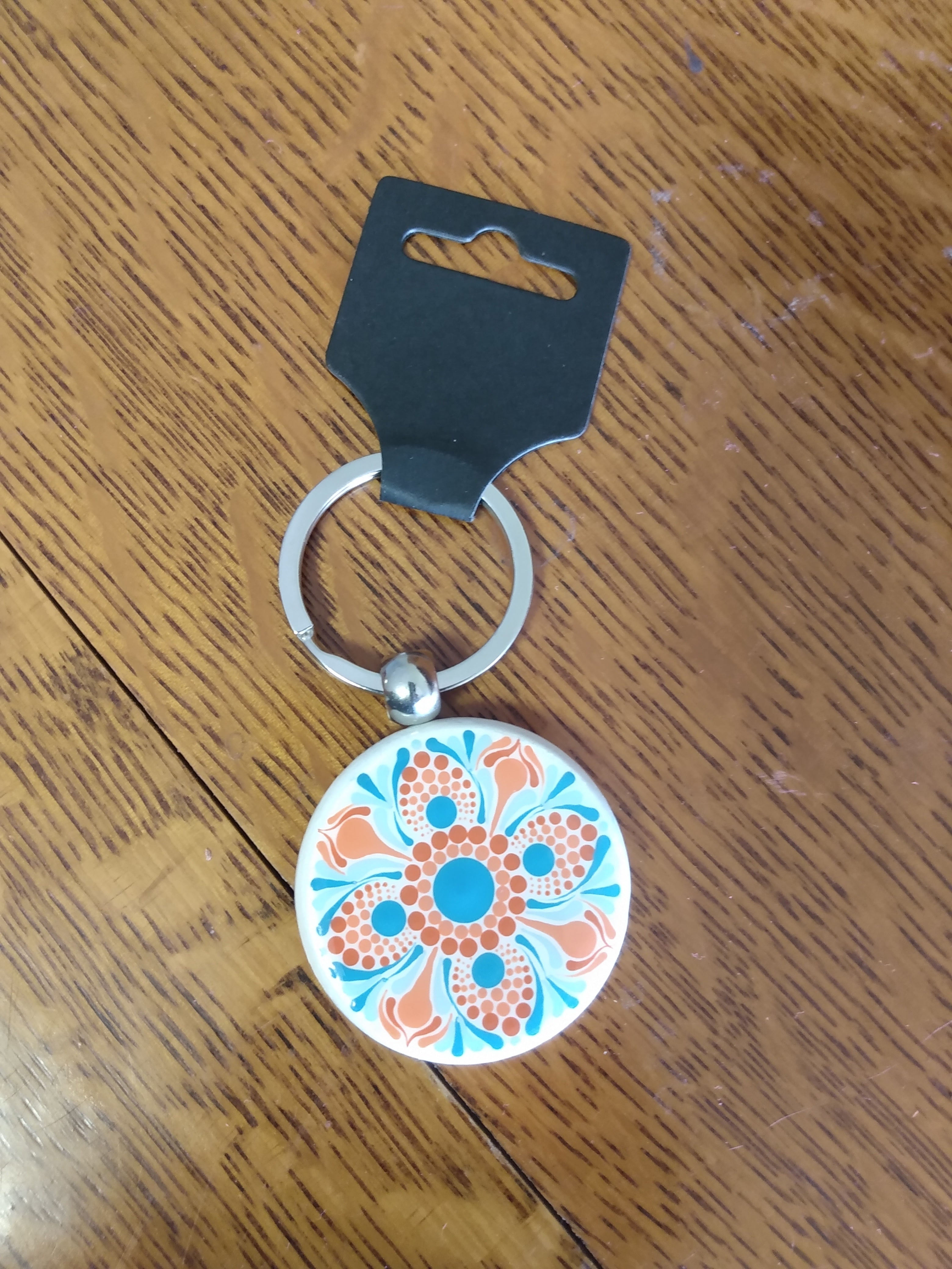 Keychain- white with teal and orange mandala dot art
