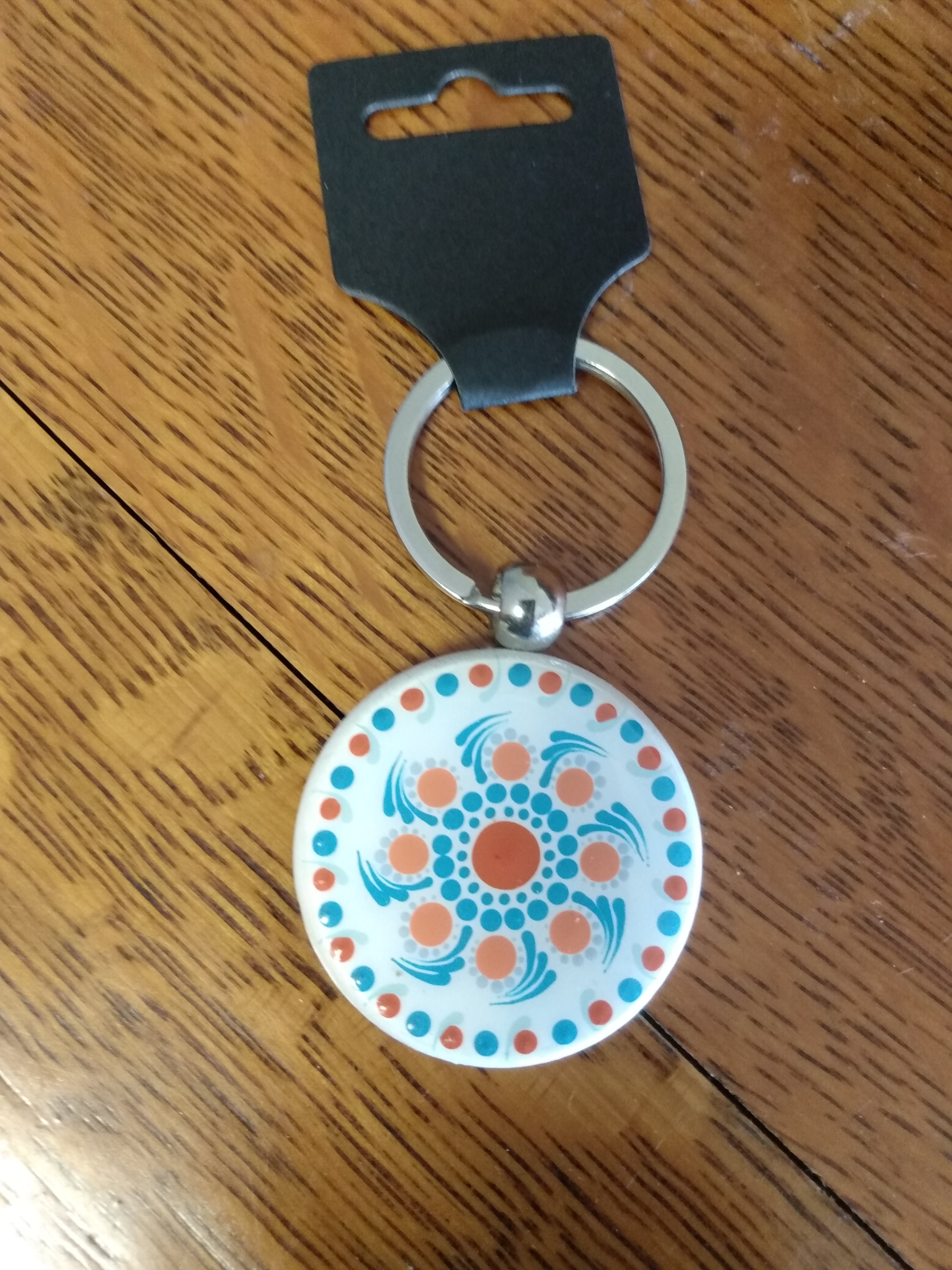 Keychain- white with teal and orange mandala dot art