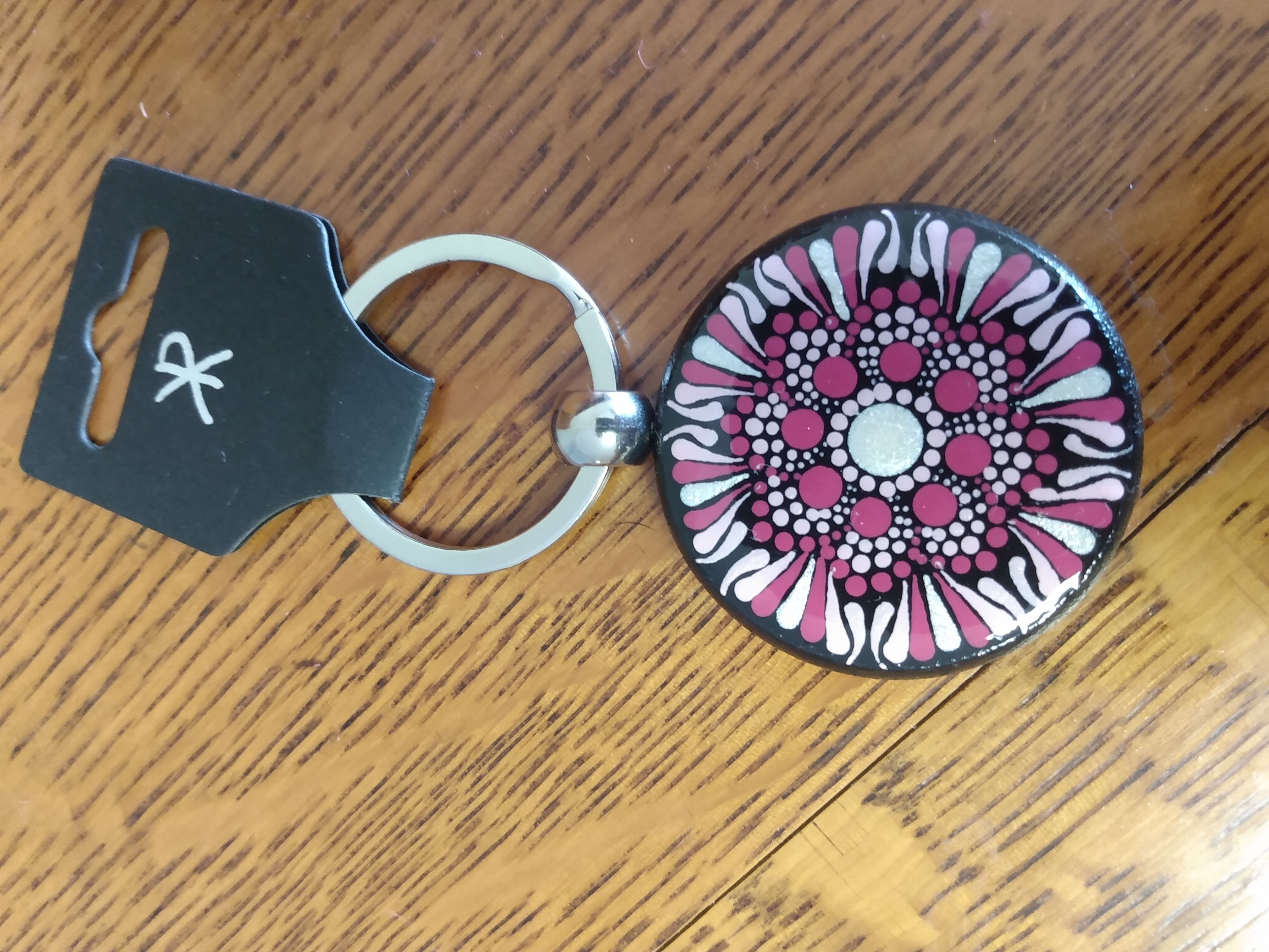 Keychain - black with pink and silver dot art mandala