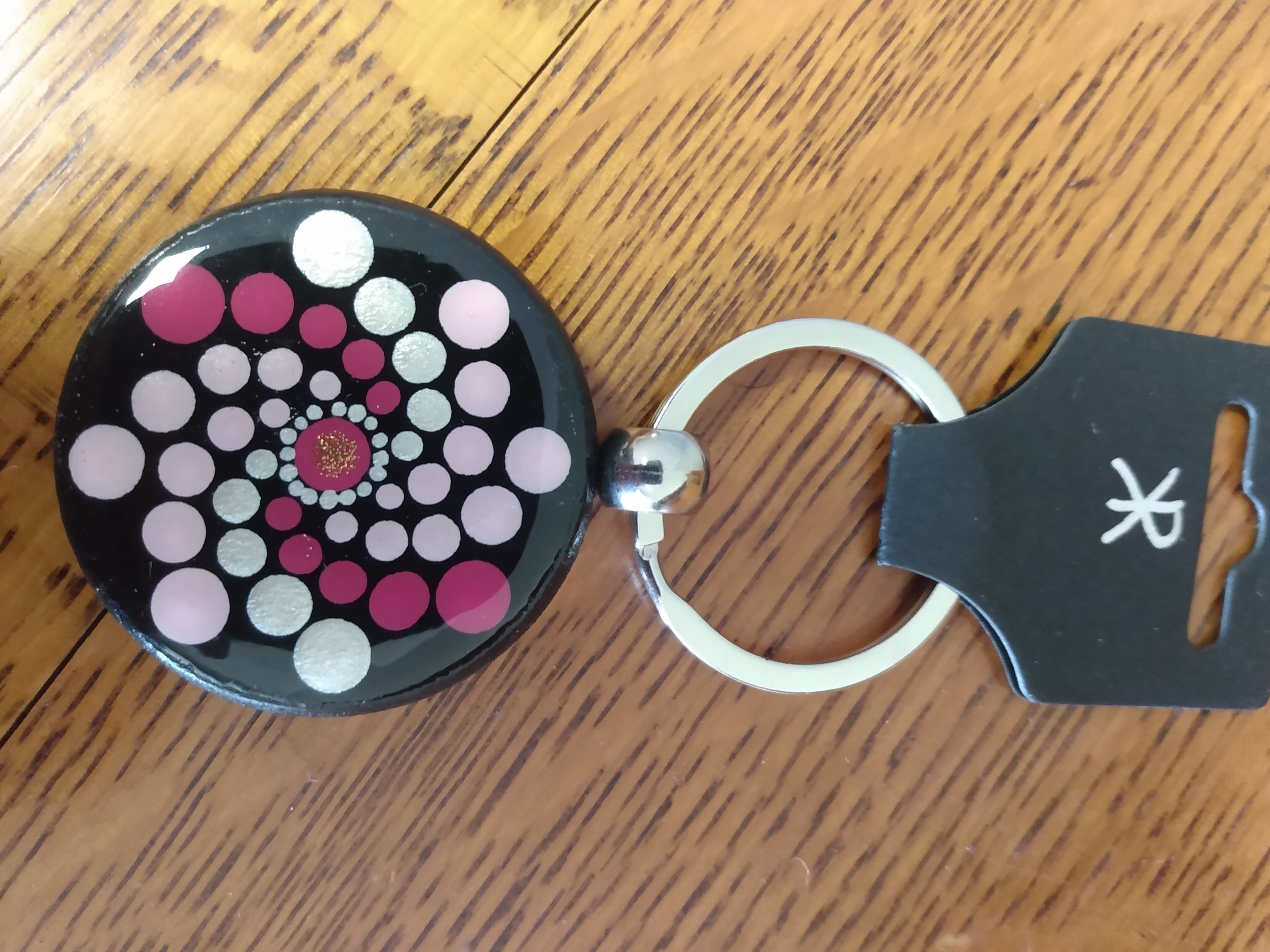 Keychain - black with pink and silver dot art mandala