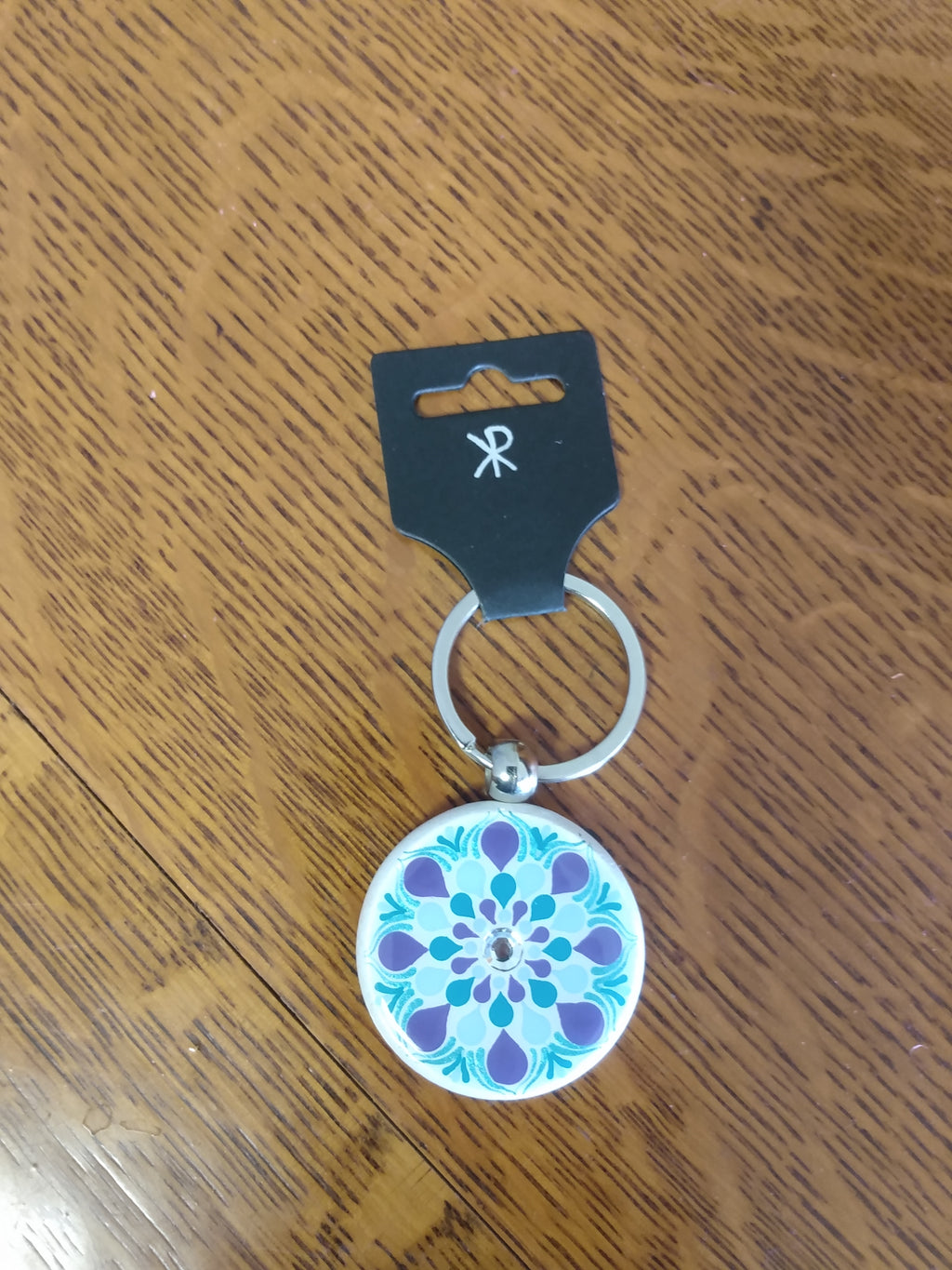 Keychain - white with purple and teal dot art mandala