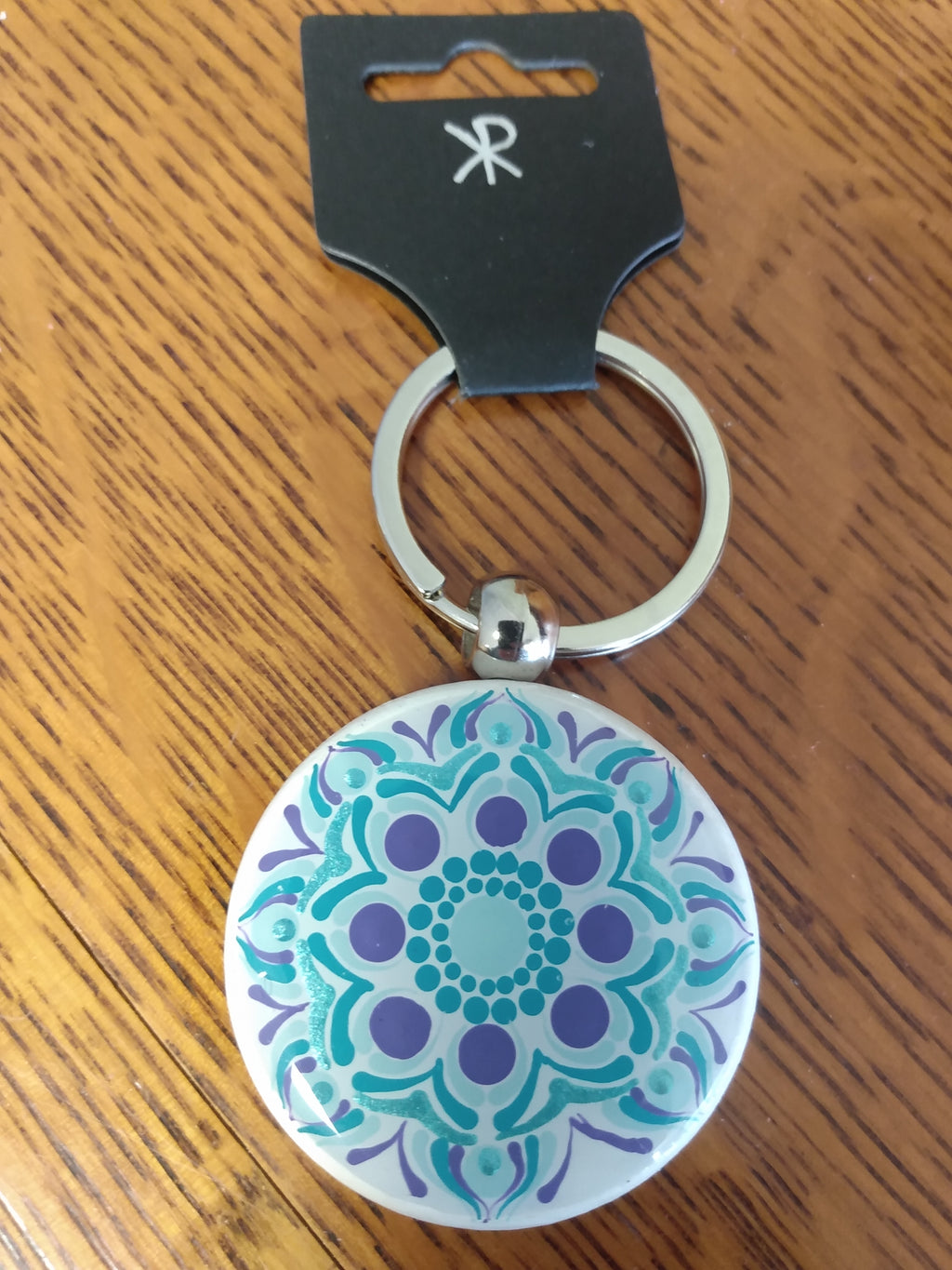 Keychain - white with purple and teal dot art mandala