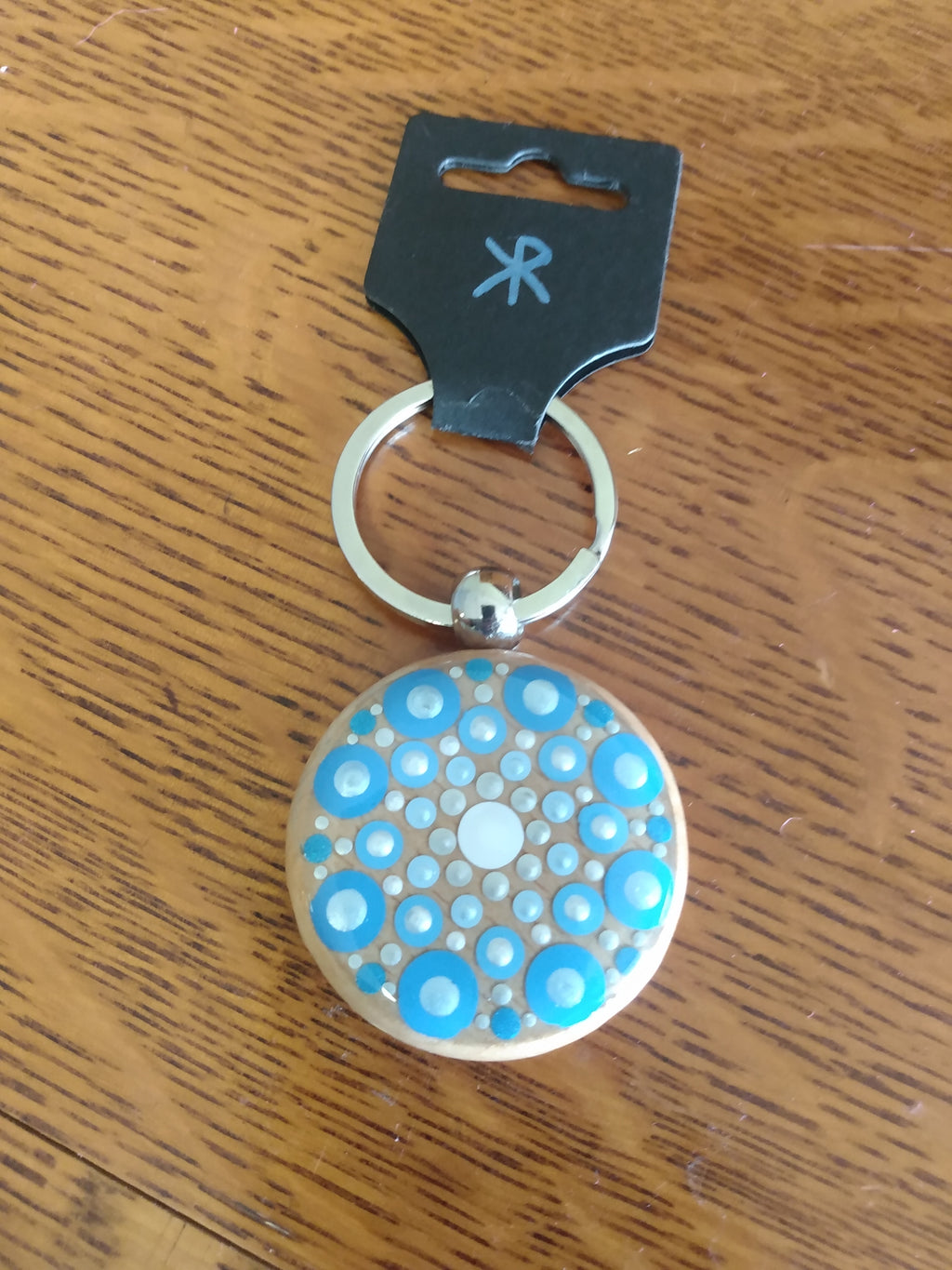 Keychain wood with blue dot art mandala
