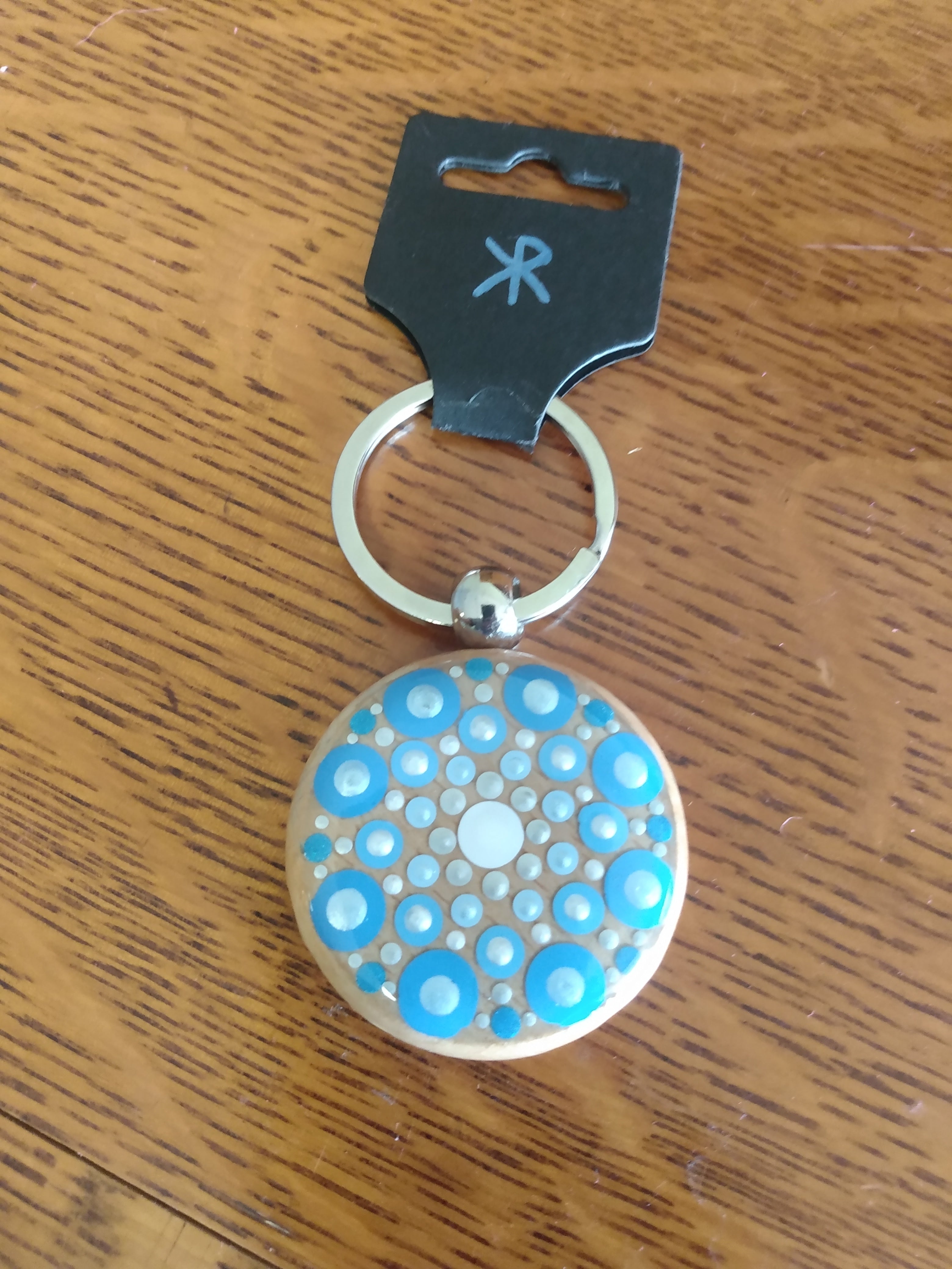 Keychain wood with blue dot art mandala