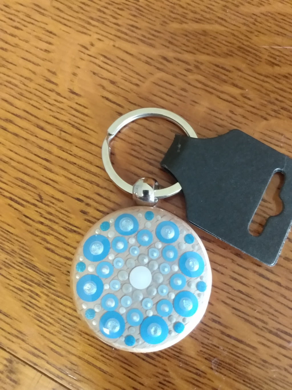 Keychain wood with blue dot art mandala