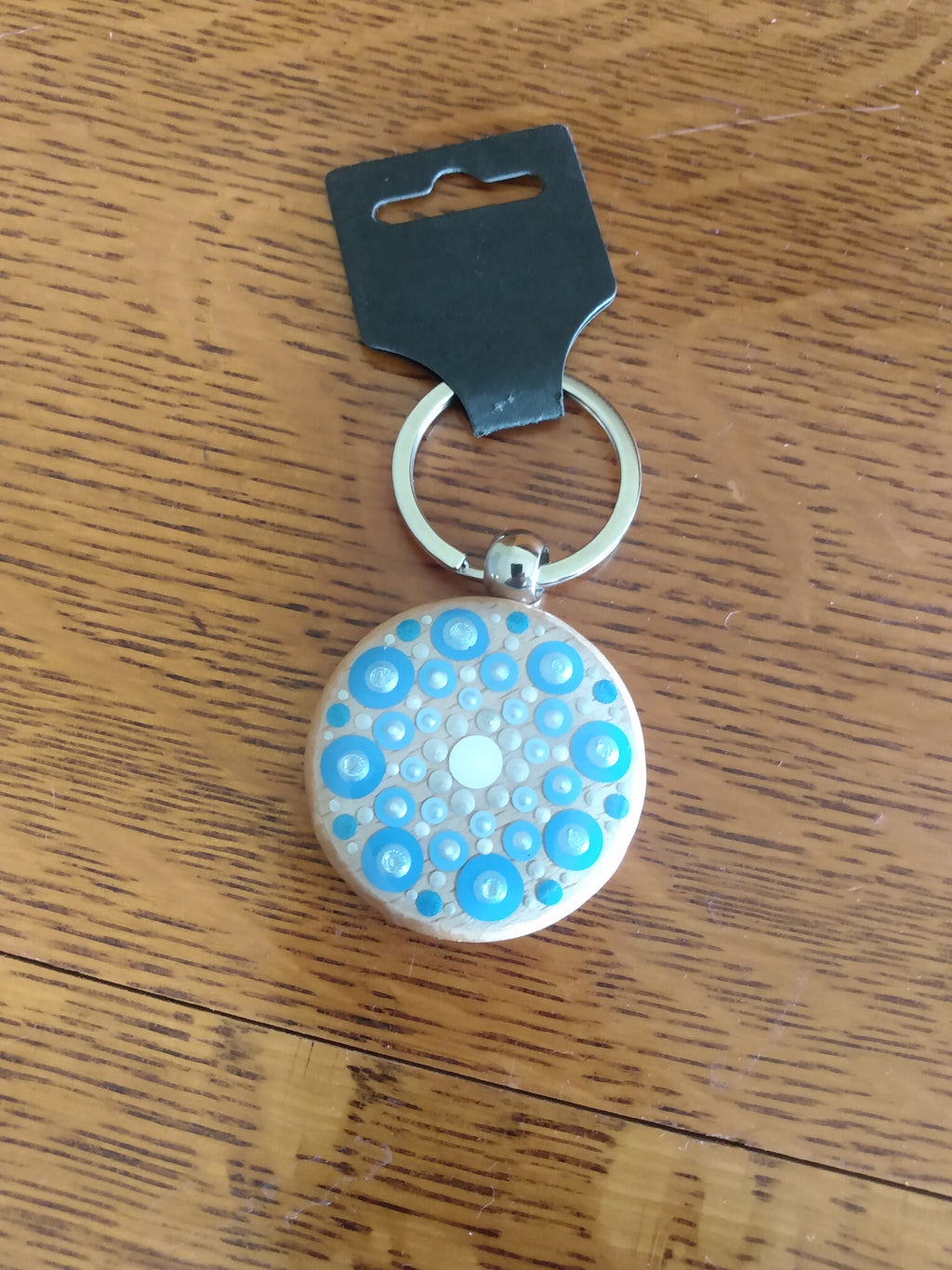 Keychain wood with blue dot art mandala