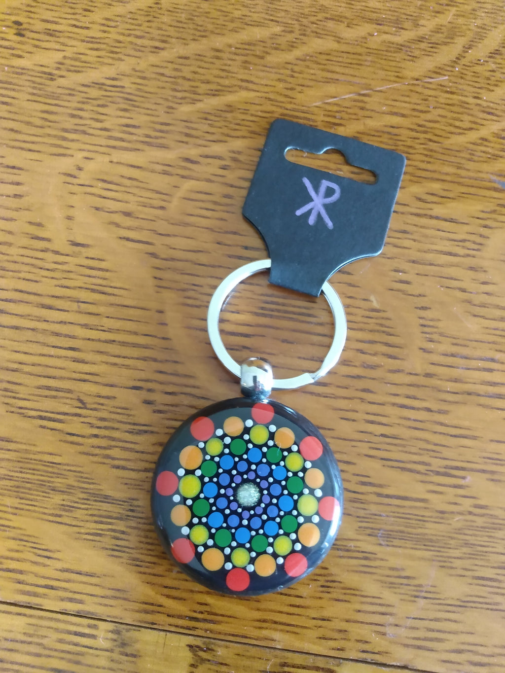 Keychain - Black with rainbow dot art mandala