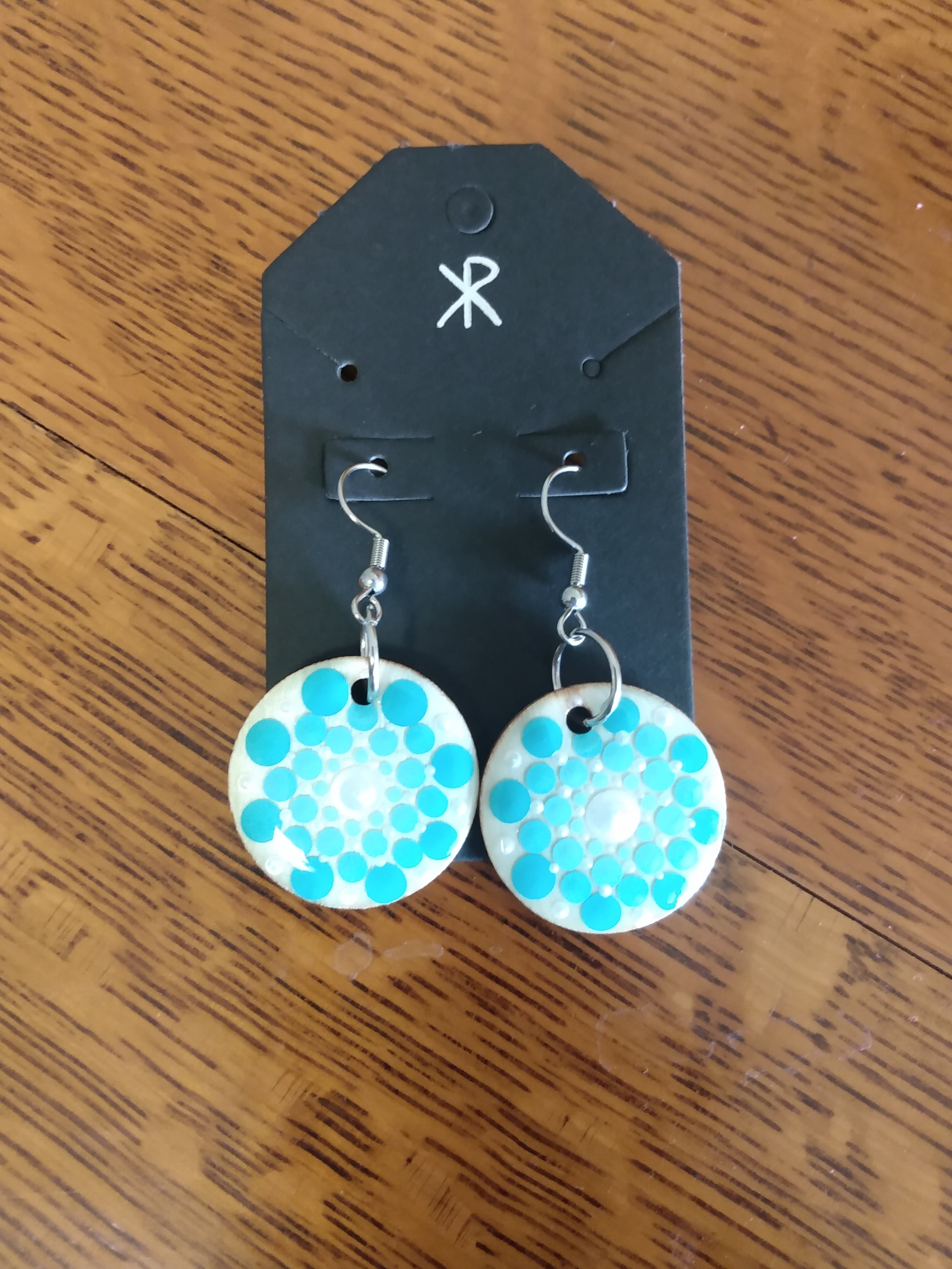 earrings wood circles with Turquoise and Pearl dot art mandala