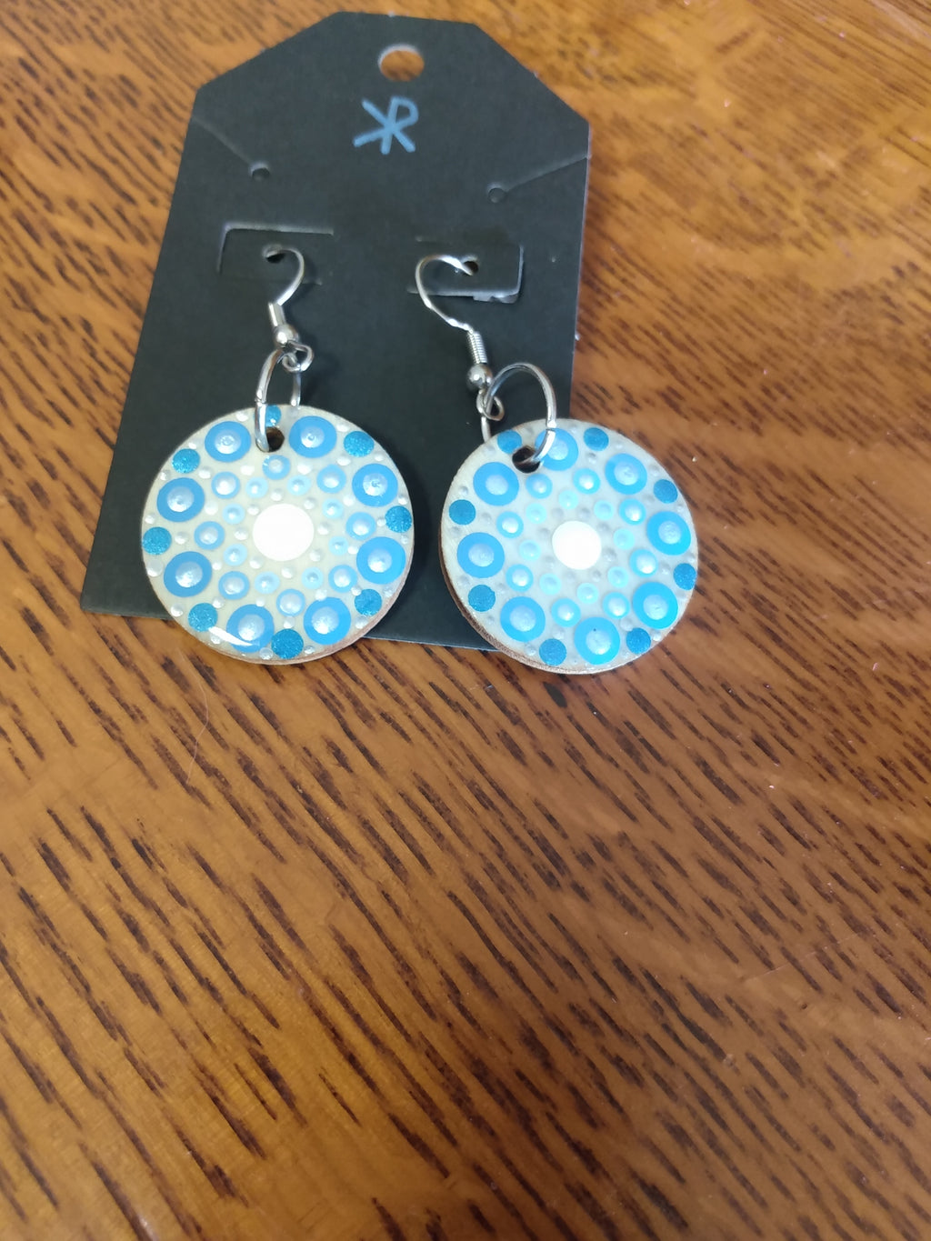 Earrings wood circles with blue and silver dot art mandala