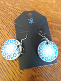 Earrings wood circles with blue and silver dot art mandala