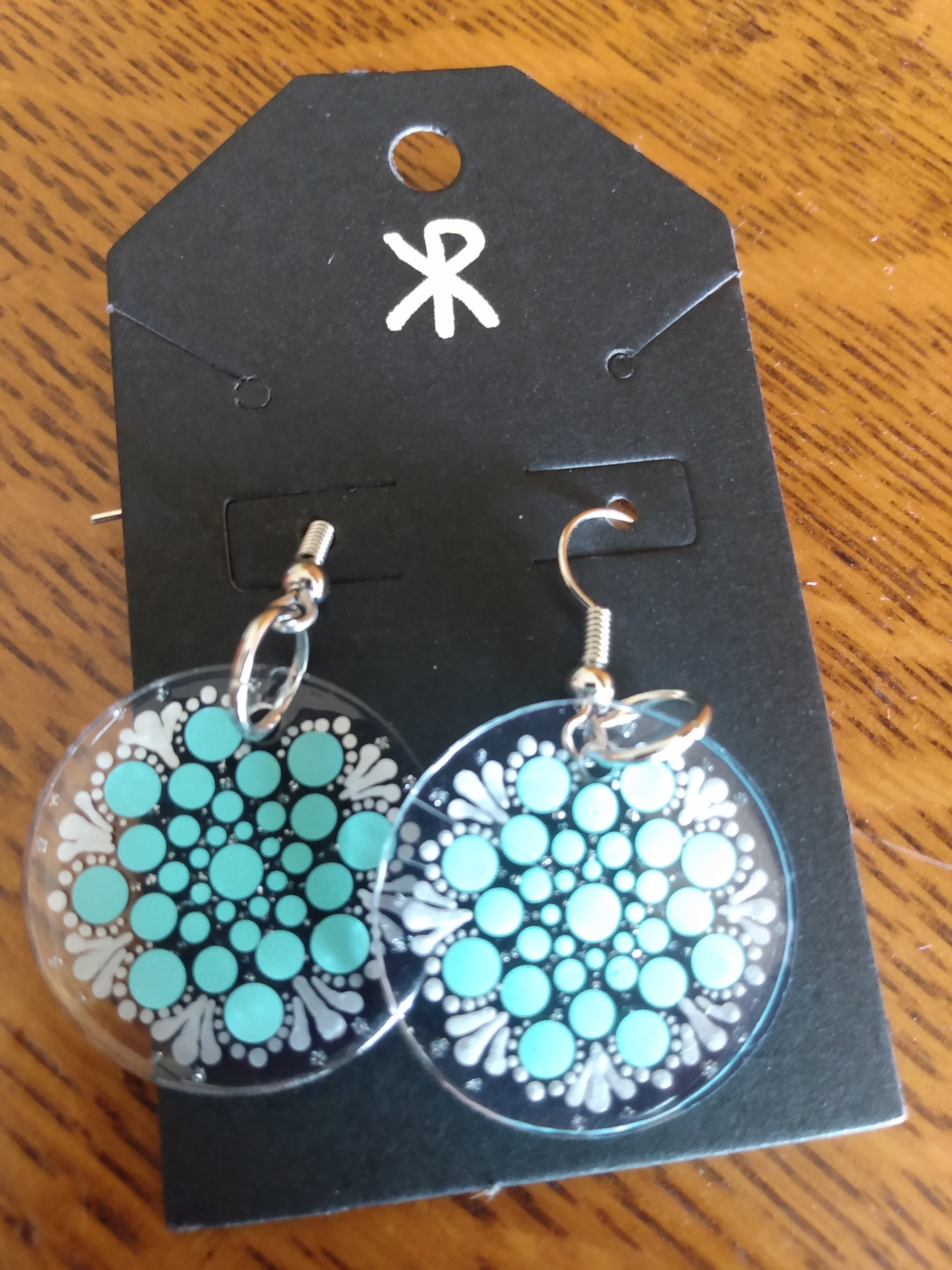 Earrings round mint green and silver dot art mandala