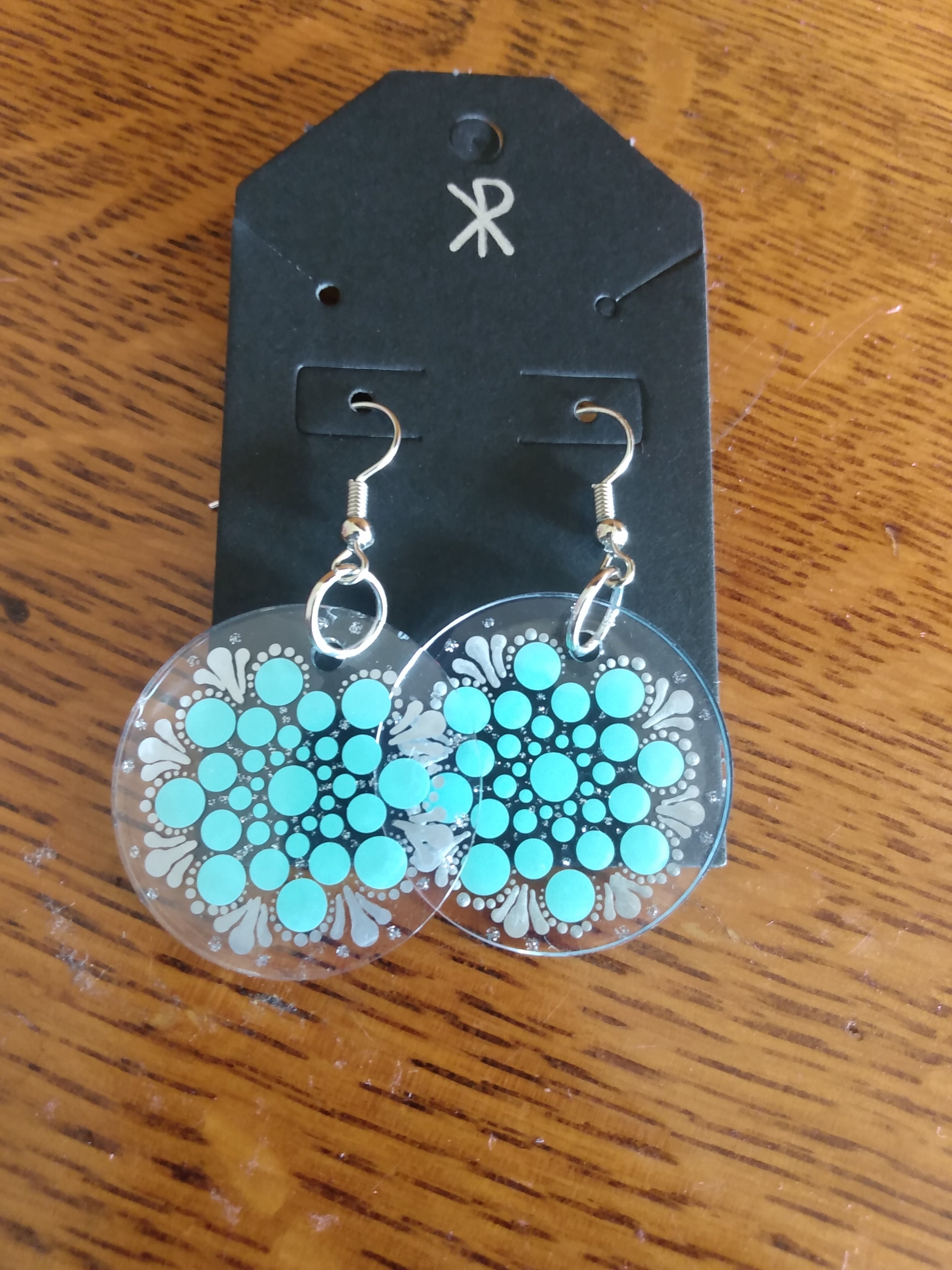 Earrings round mint green and silver dot art mandala