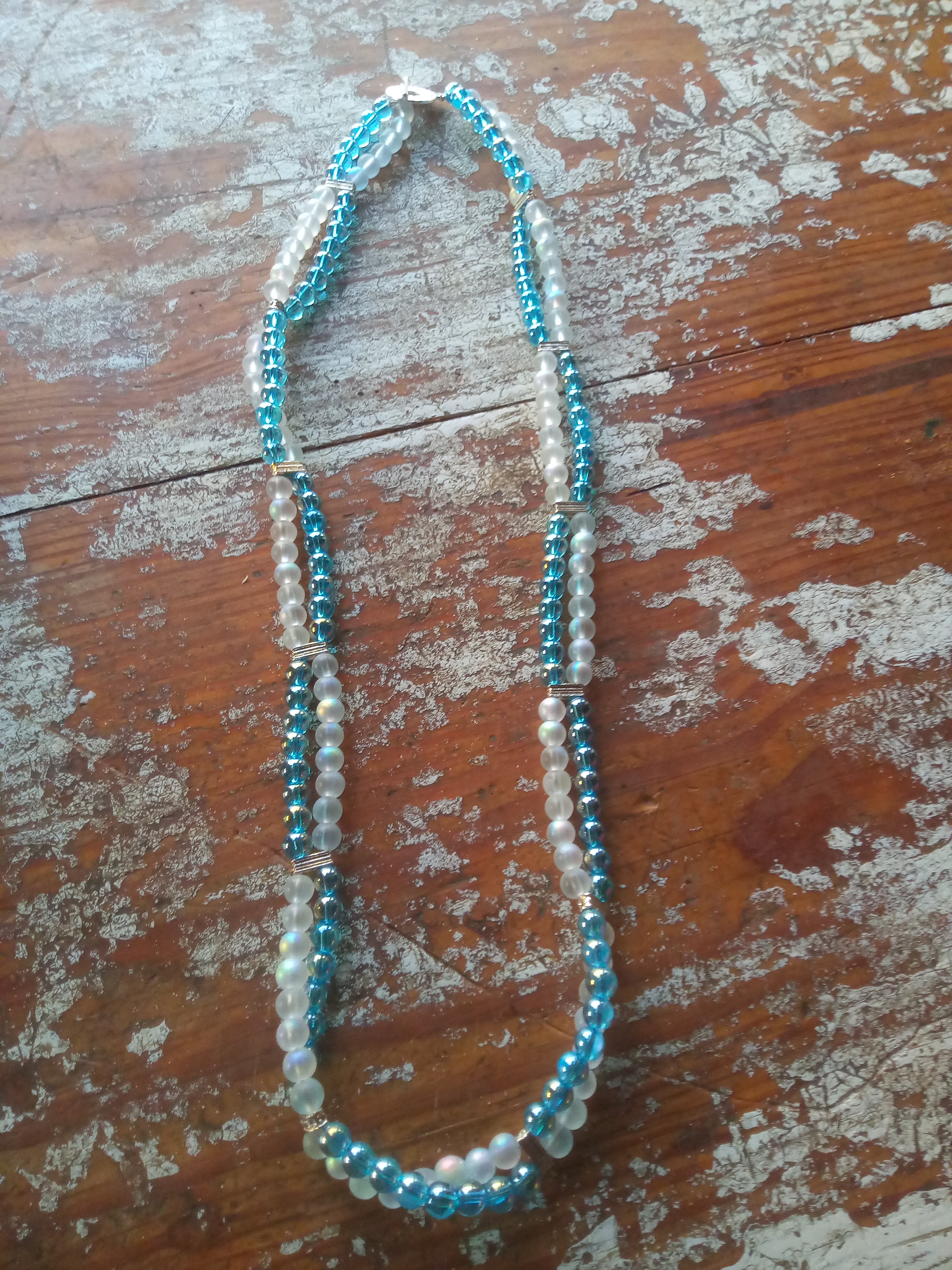 Long Blue and White Beaded Necklace