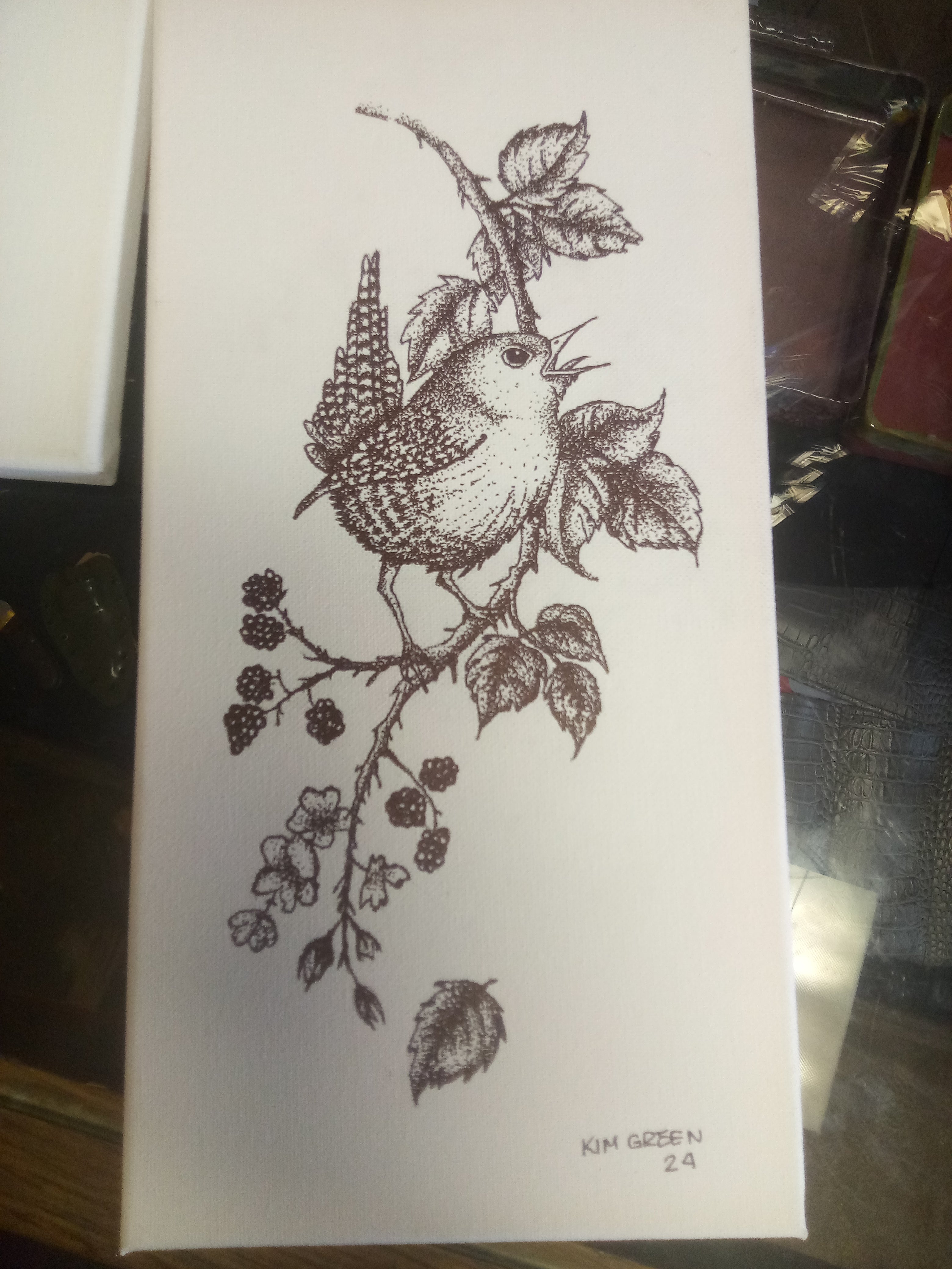 Bird with Berries stippled drawing on canvass