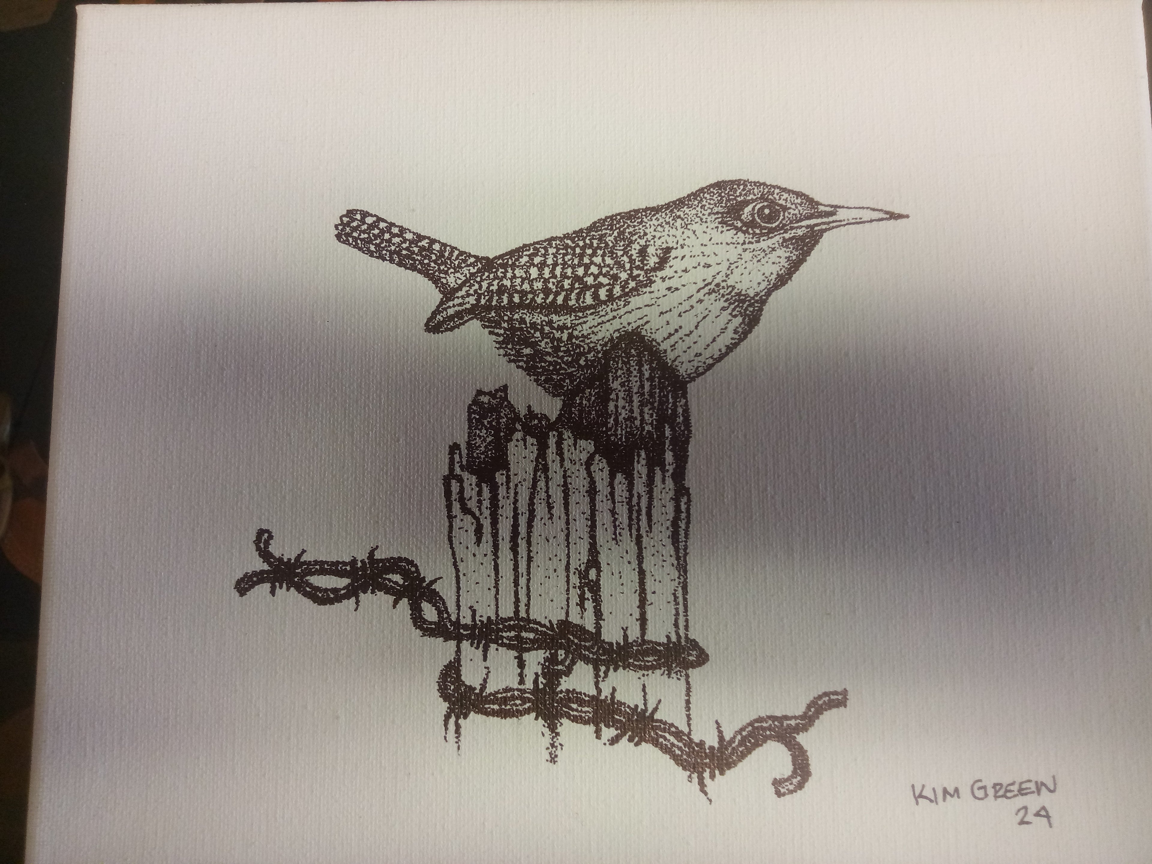 Stippled bird drawings on canvas