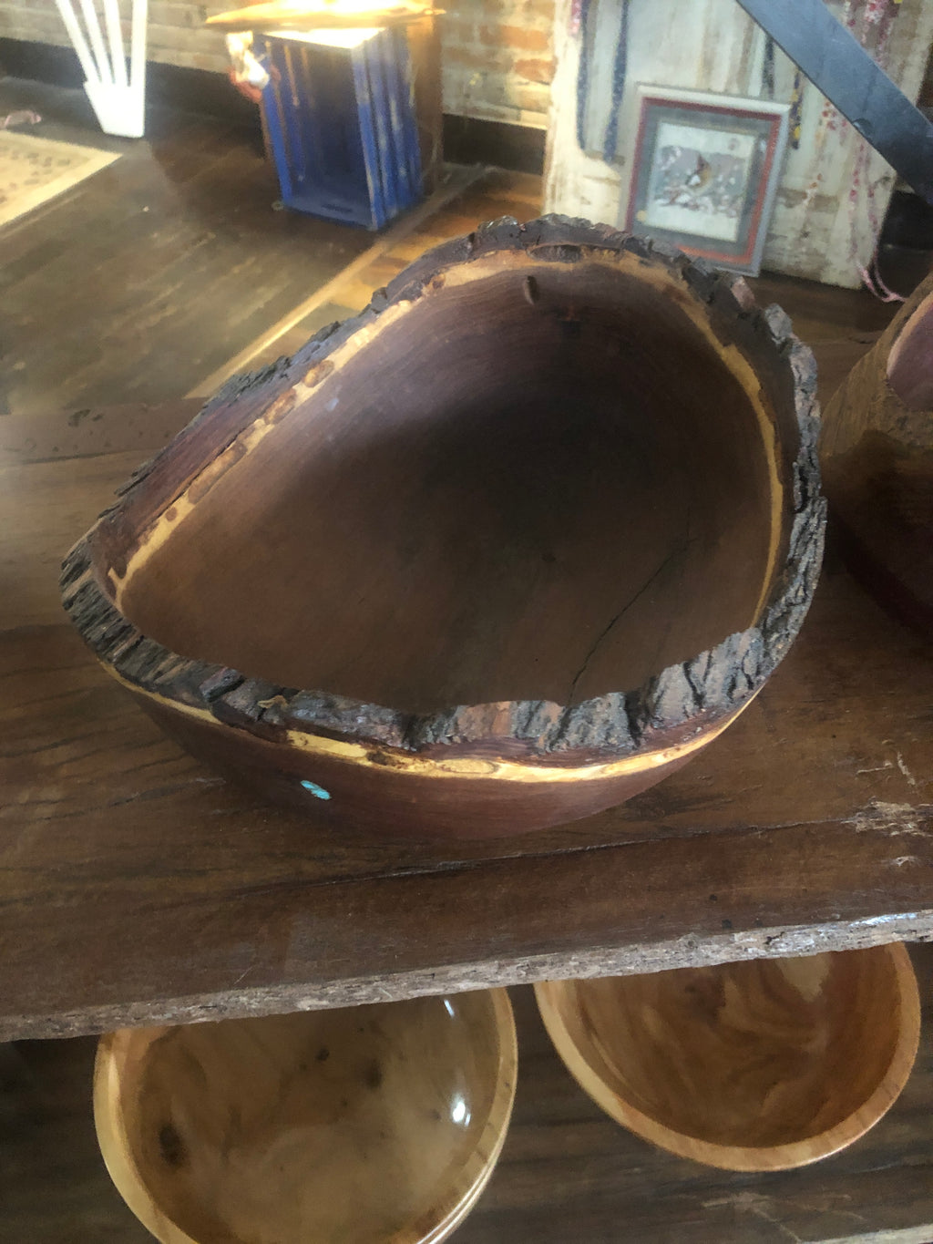 Natural edge mesquite bowl with turquoise