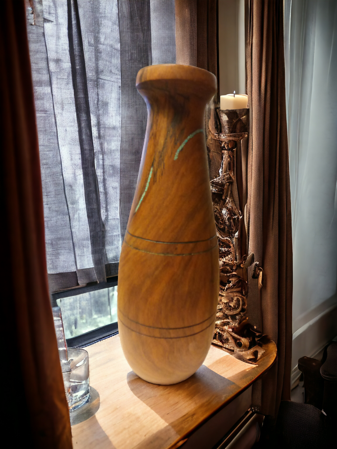 Pistachio Wood Vase with Slanted Opening / Genuine store Turquoise Inlay / FREE SHIPPING GUARANTEED