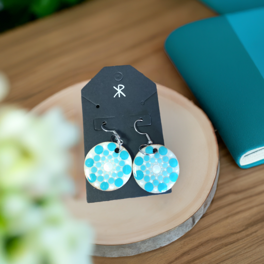 Earrings - Round with Mint Green and Silver Mandala