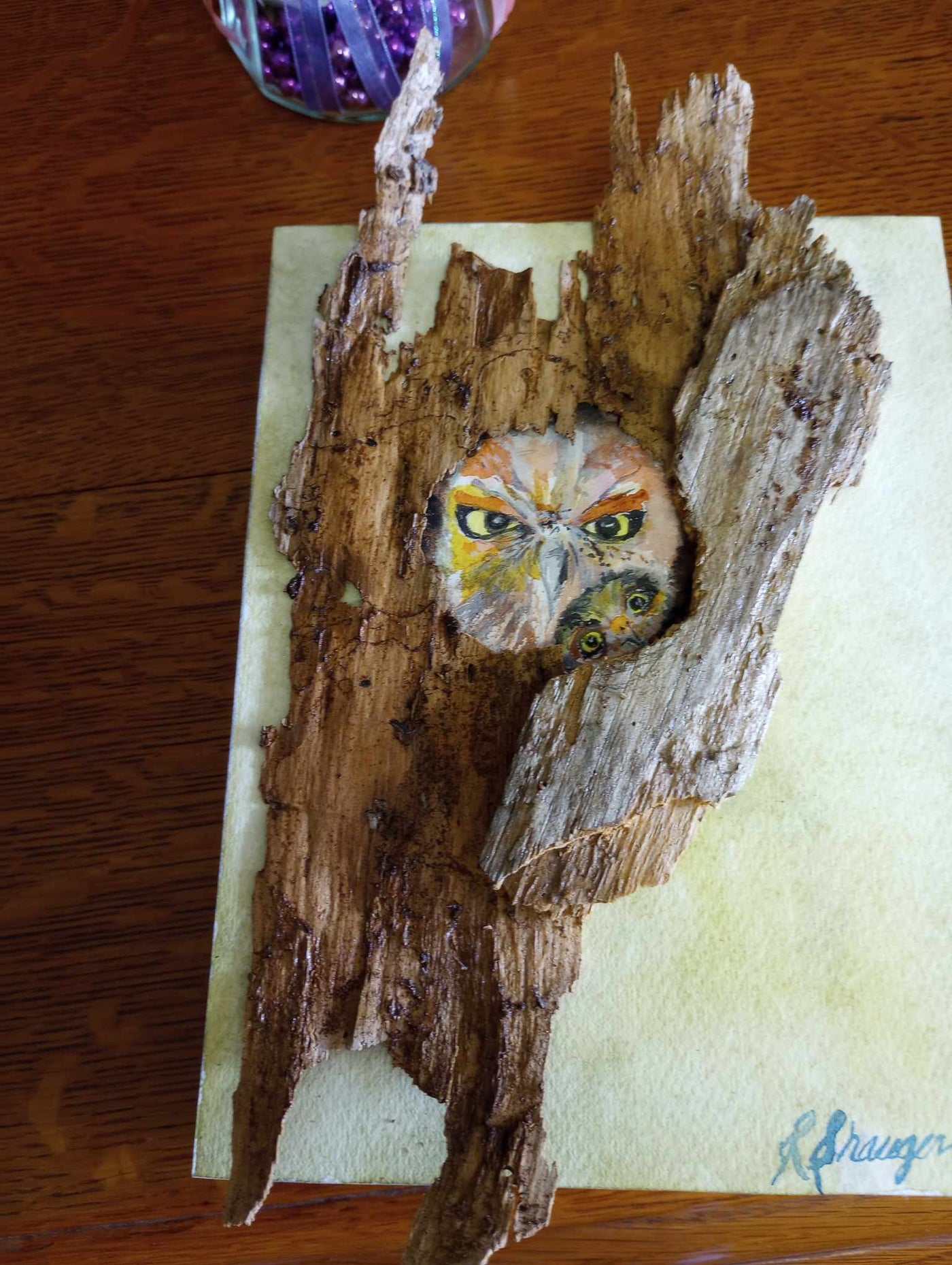 Owl watercolor with natural bark